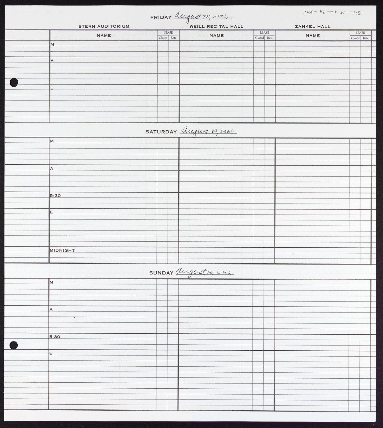 Carnegie Hall Booking Ledger, volume 51, page 105