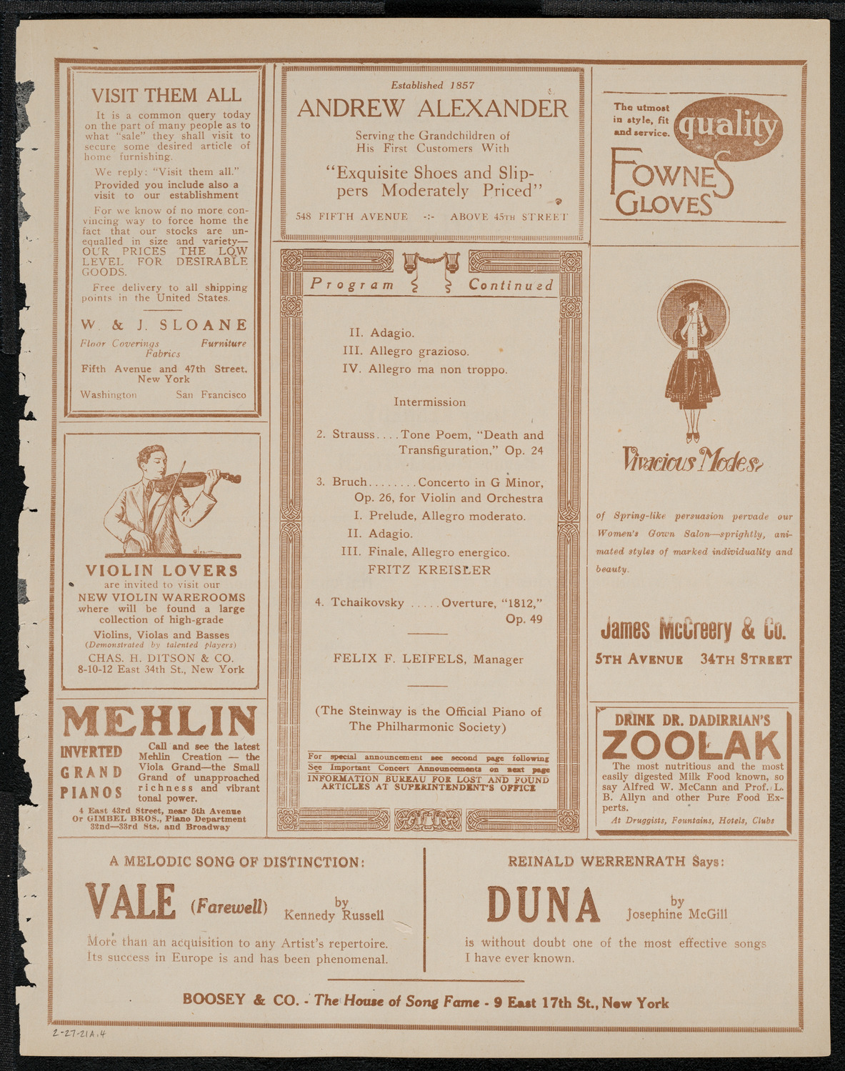 New York Philharmonic, February 27, 1921, program page 7