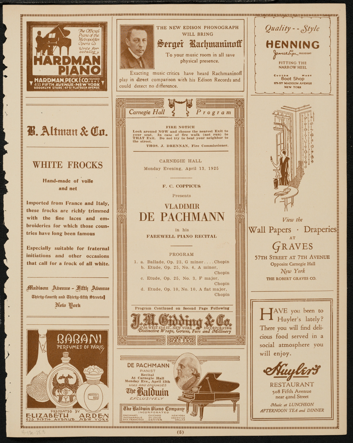 Vladimir de Pachmann, Piano, April 13, 1925, program page 5