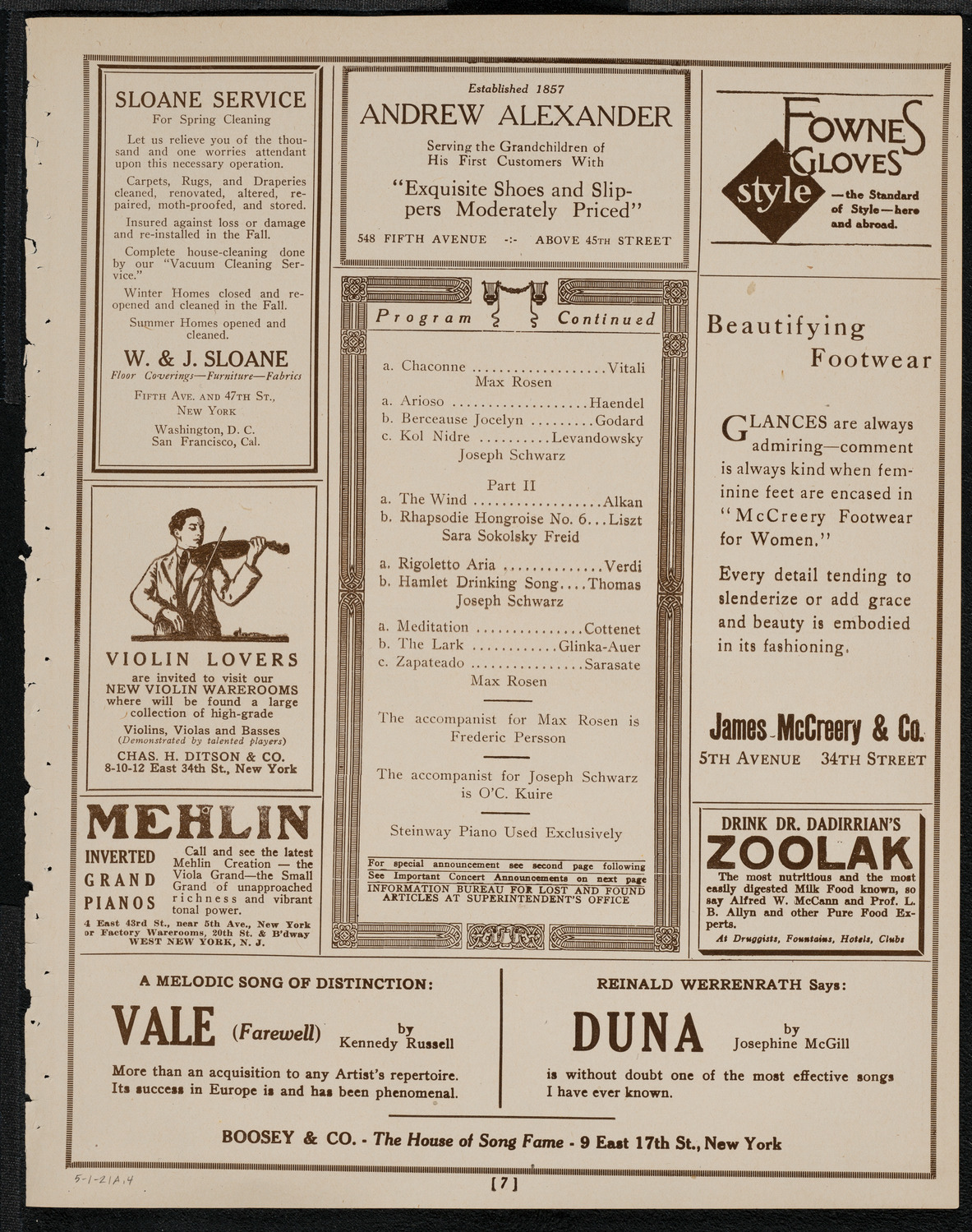 Joseph Schwarz, Baritone, Max Rosen, Violin, and Sara Sokolsky-Freid, Piano, May 1, 1921, program page 7