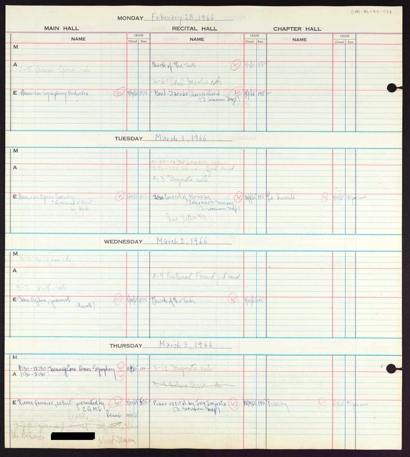 Carnegie Hall Booking Ledger, volume 11, page 54