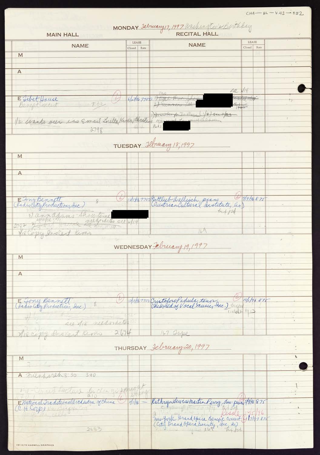 Carnegie Hall Booking Ledger, volume 42, page 52