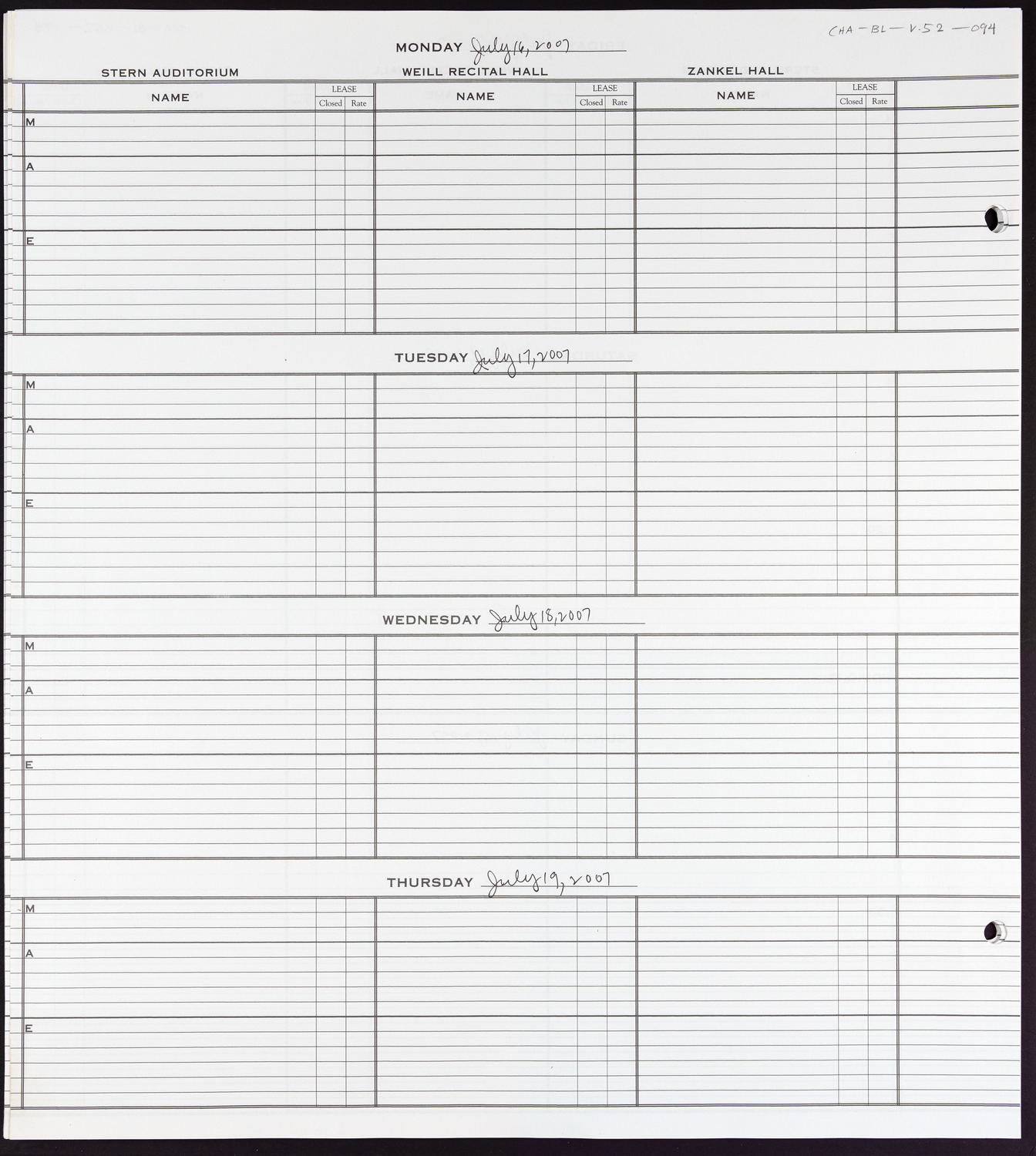 Carnegie Hall Booking Ledger, volume 52, page 94