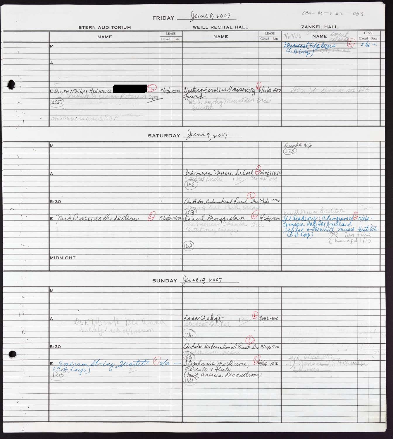 Carnegie Hall Booking Ledger, volume 52, page 83