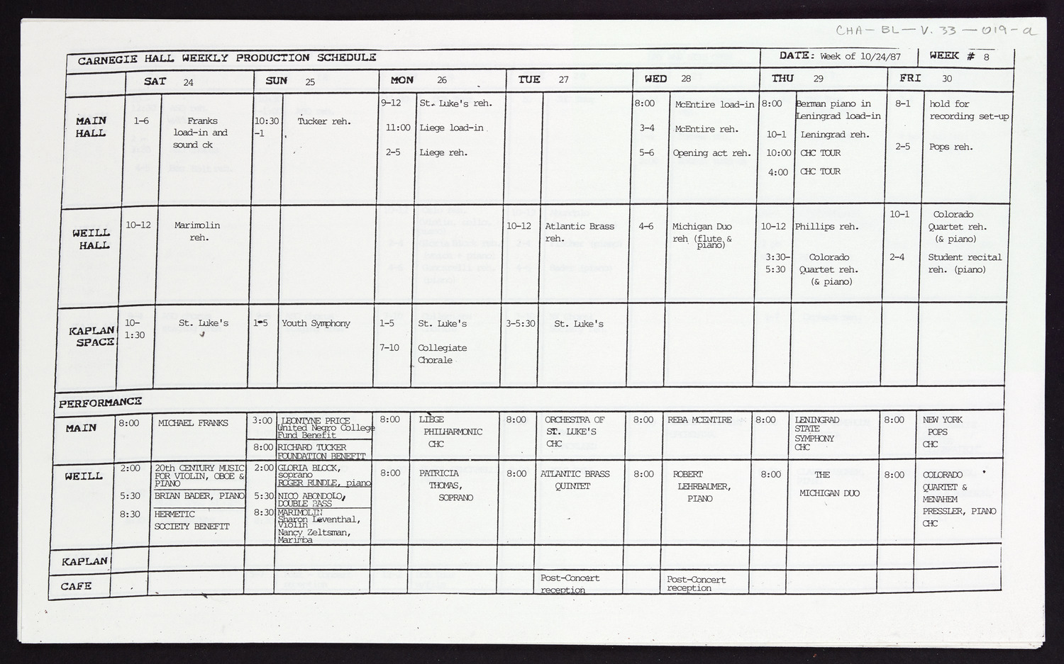 Carnegie Hall Booking Ledger, volume 33, page 19a