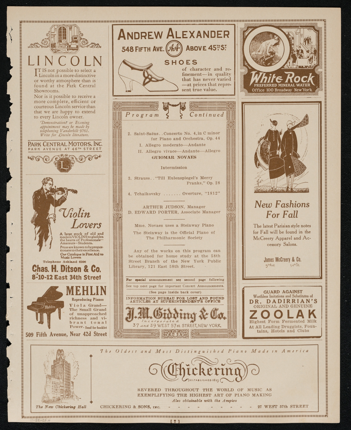 New York Philharmonic, November 8, 1924, program page 7