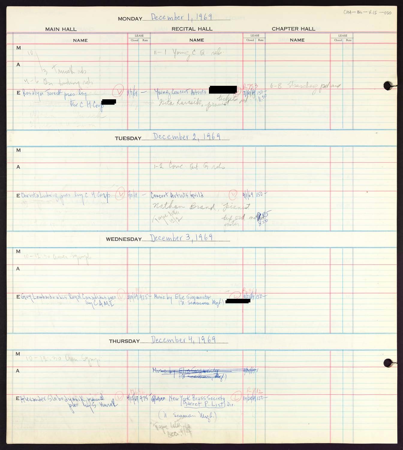 Carnegie Hall Booking Ledger, volume 15, page 30