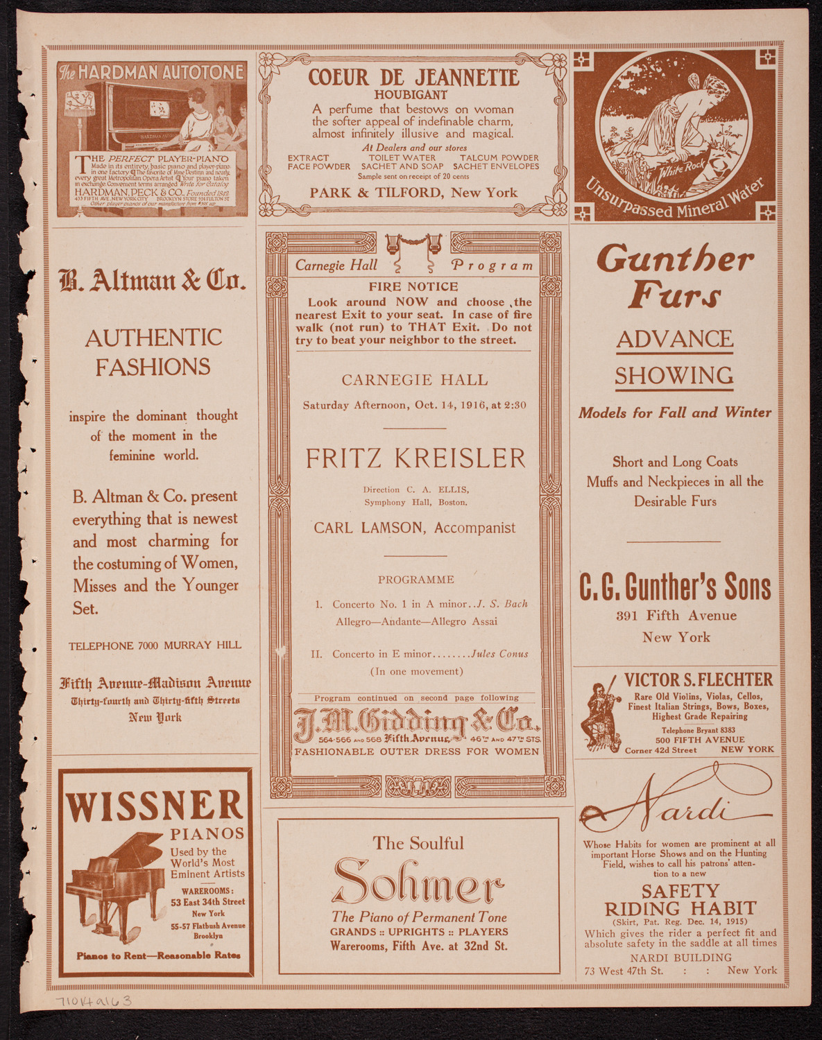 Fritz Kreisler, Violin, October 14, 1916, program page 5