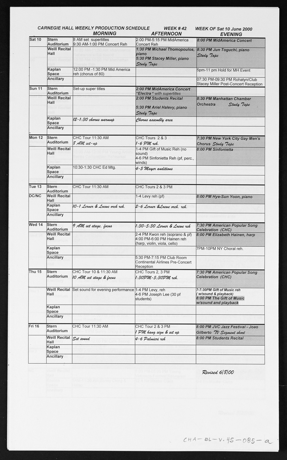 Carnegie Hall Booking Ledger, volume 45, page 85a