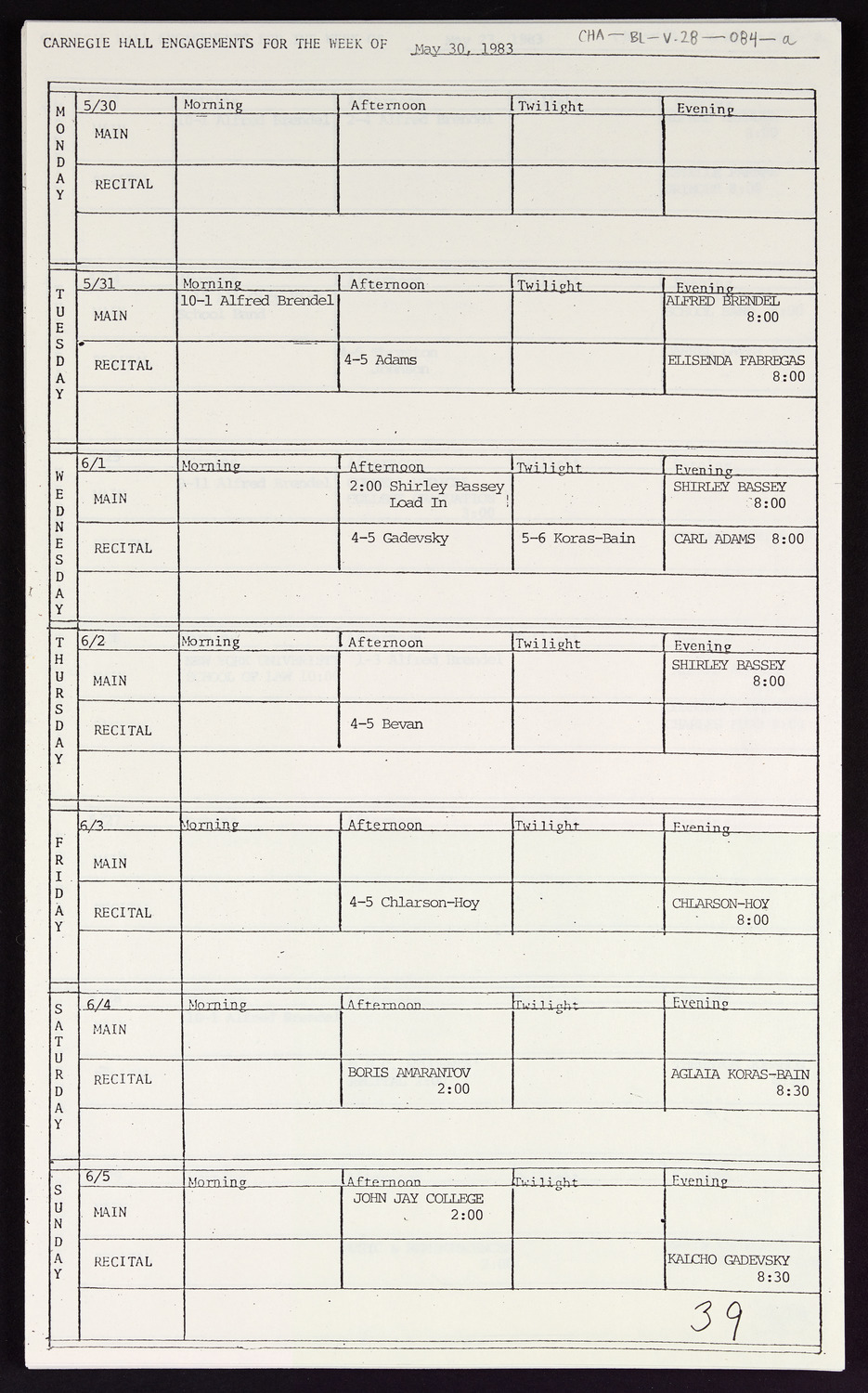 Carnegie Hall Booking Ledger, volume 28, page 84a