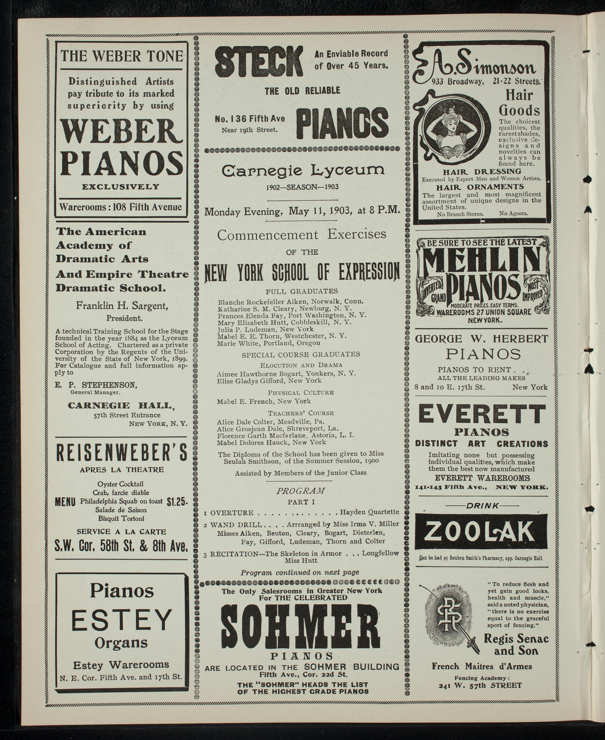 Graduation: New York School of Expression, May 11, 1903, program page 2