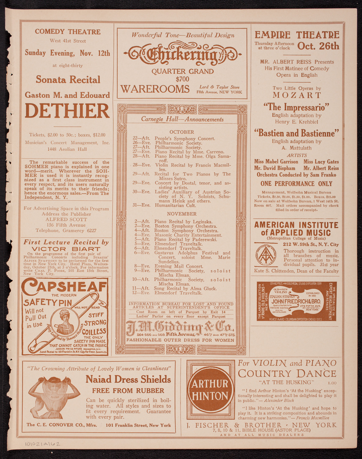 Efrem Zimbalist, Violin, October 21, 1916, program page 3