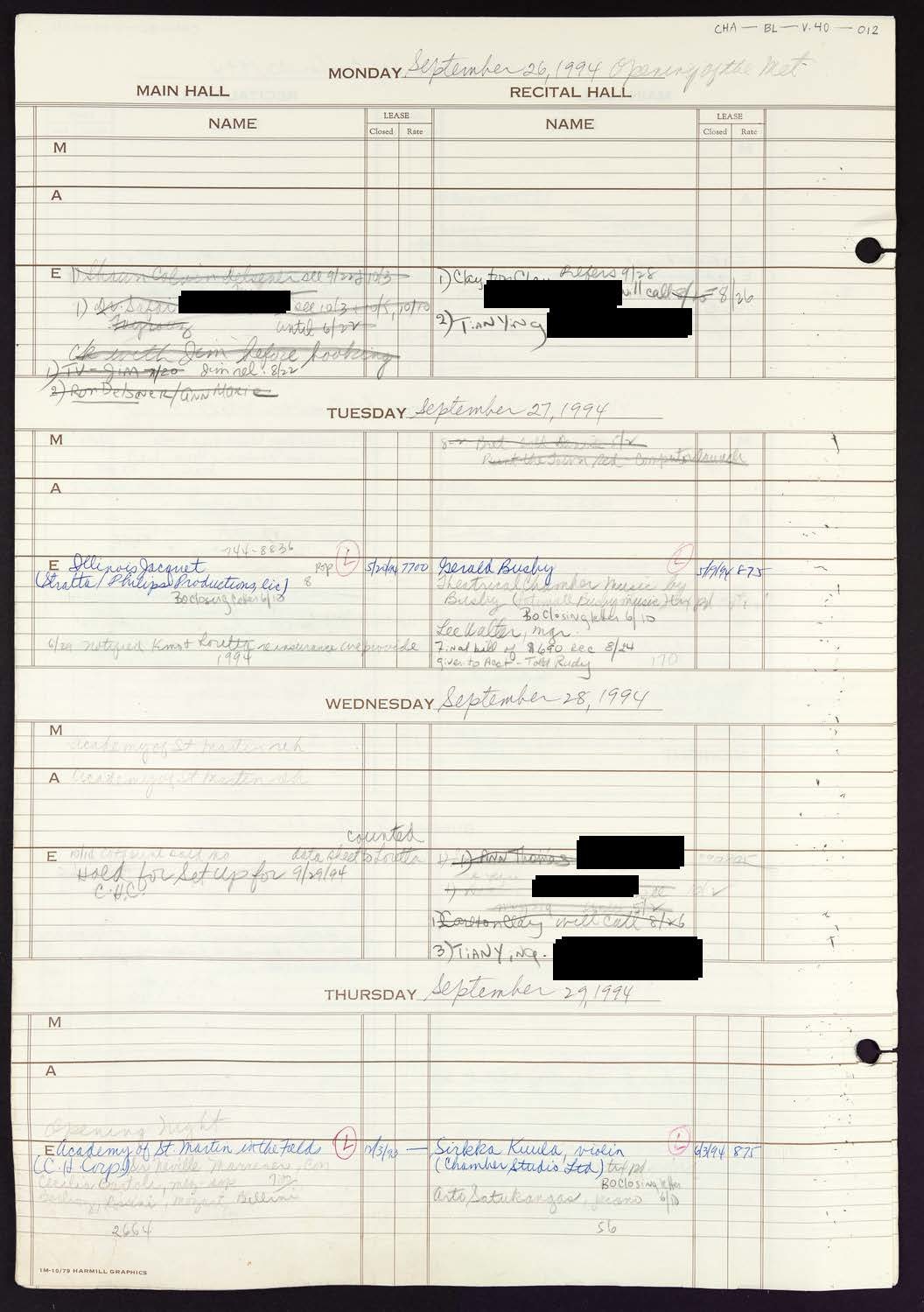 Carnegie Hall Booking Ledger, volume 40, page 12