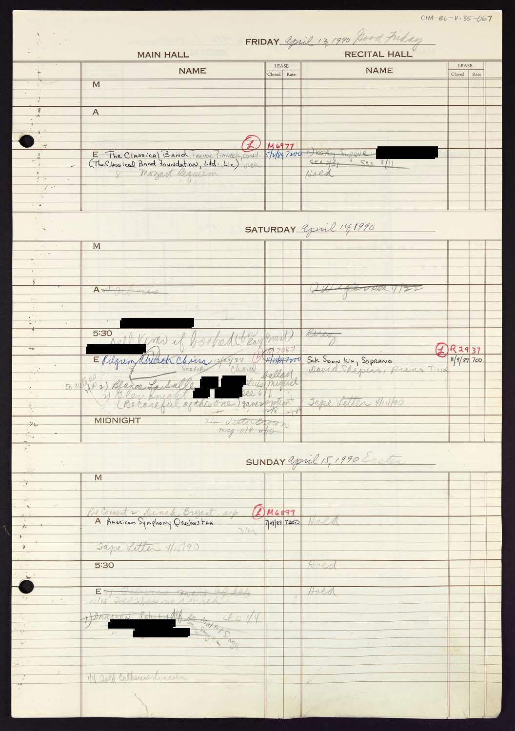 Carnegie Hall Booking Ledger, volume 35, page 67