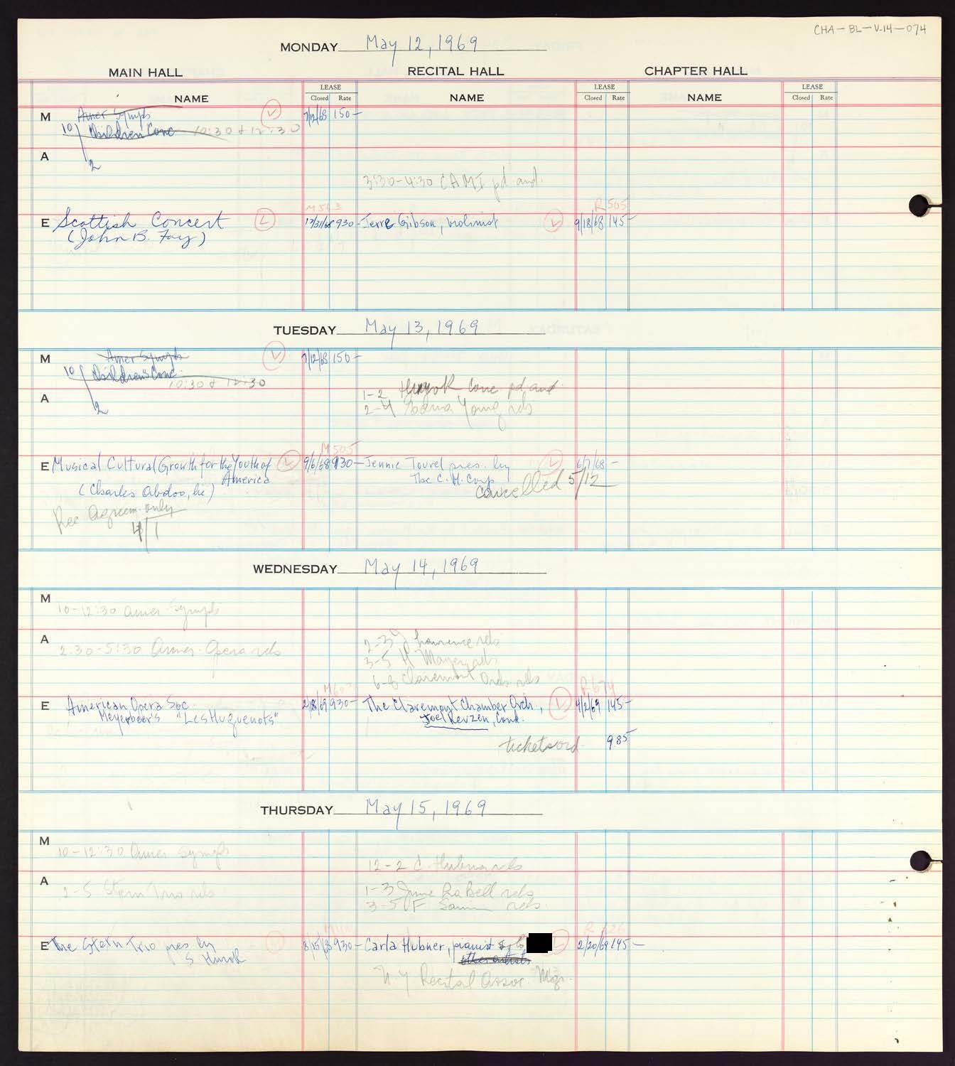 Carnegie Hall Booking Ledger, volume 14, page 74