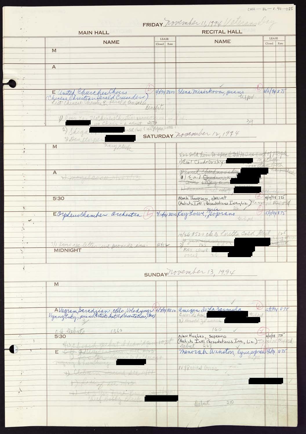 Carnegie Hall Booking Ledger, volume 40, page 25