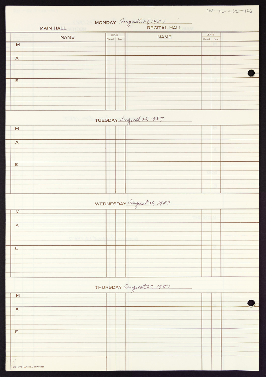 Carnegie Hall Booking Ledger, volume 32, page 106