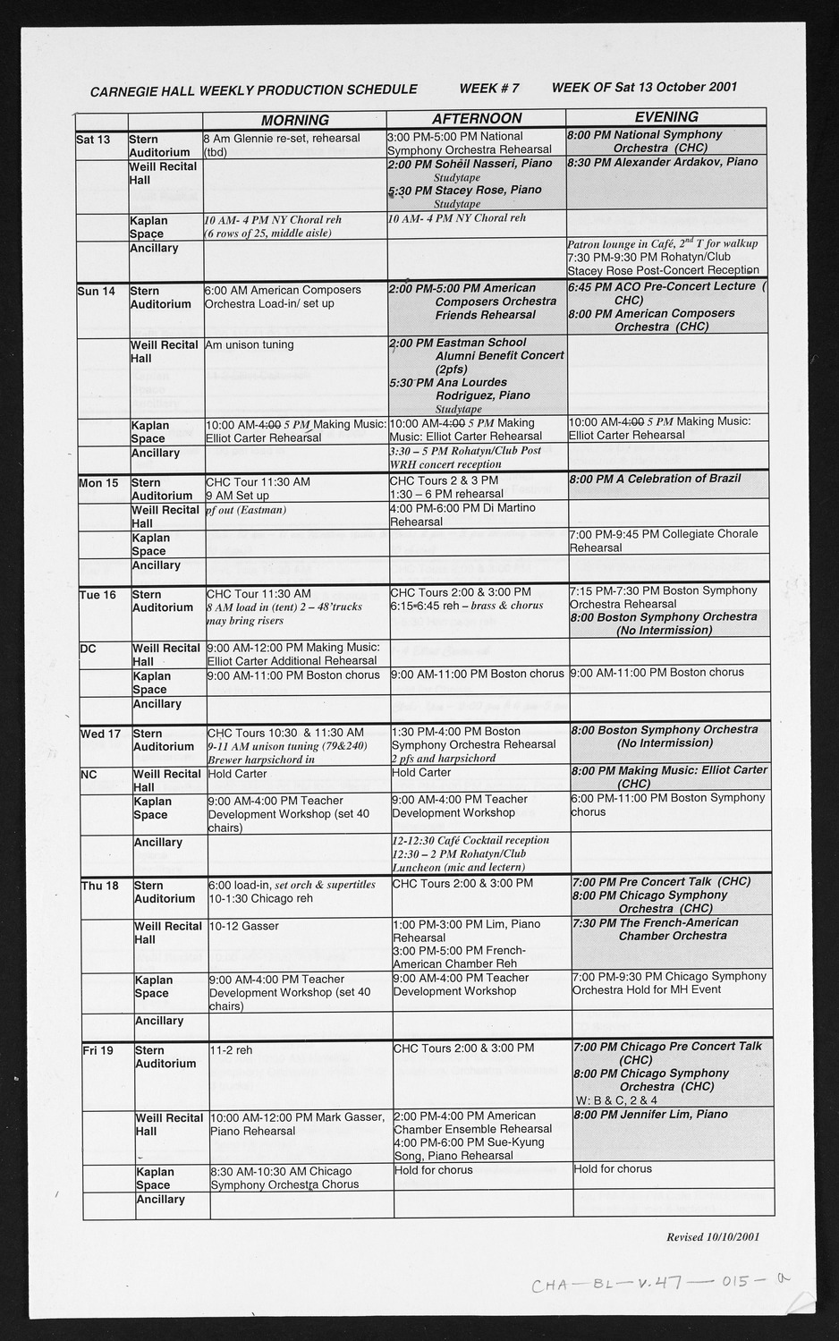 Carnegie Hall Booking Ledger, volume 47, page 15a