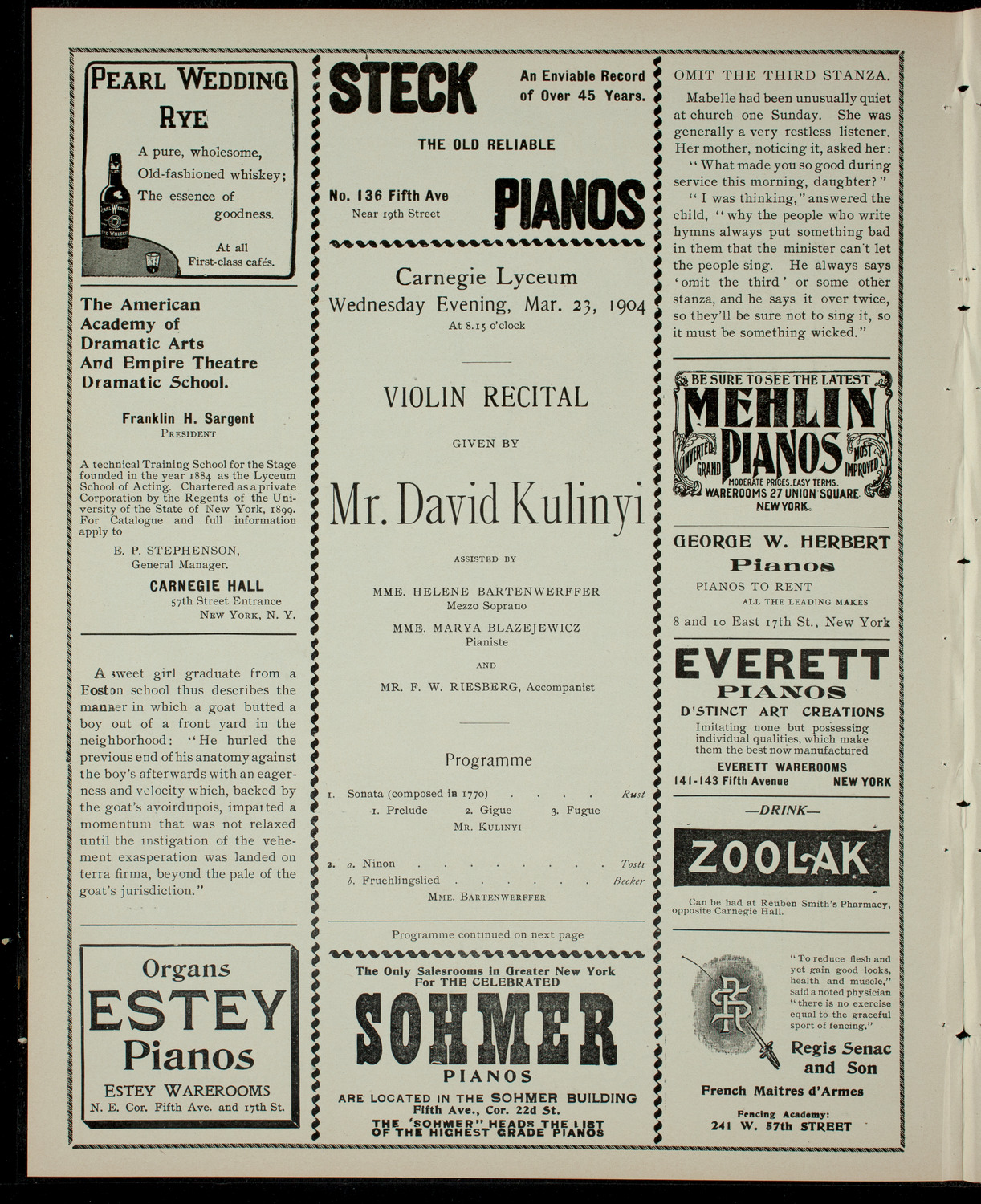 David Kulinyi with others, March 23, 1904, program page 2