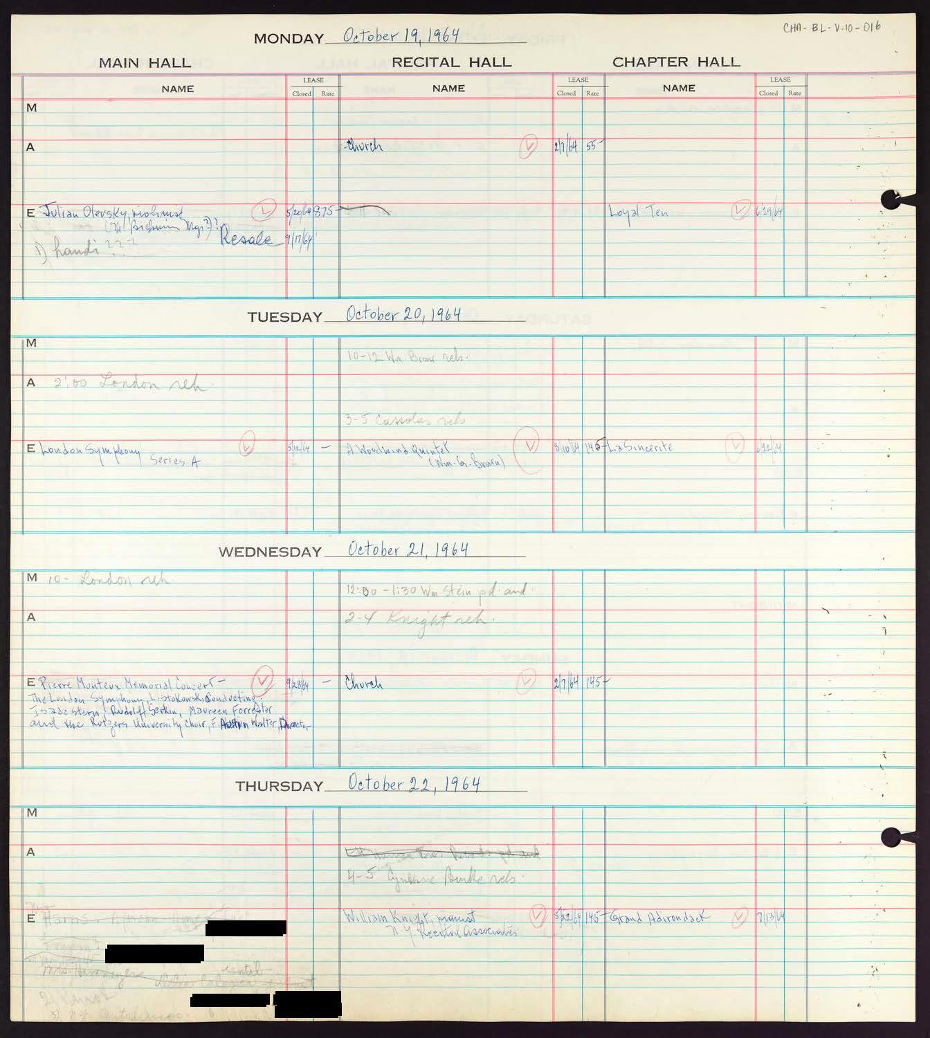 Carnegie Hall Booking Ledger, volume 10, page 16