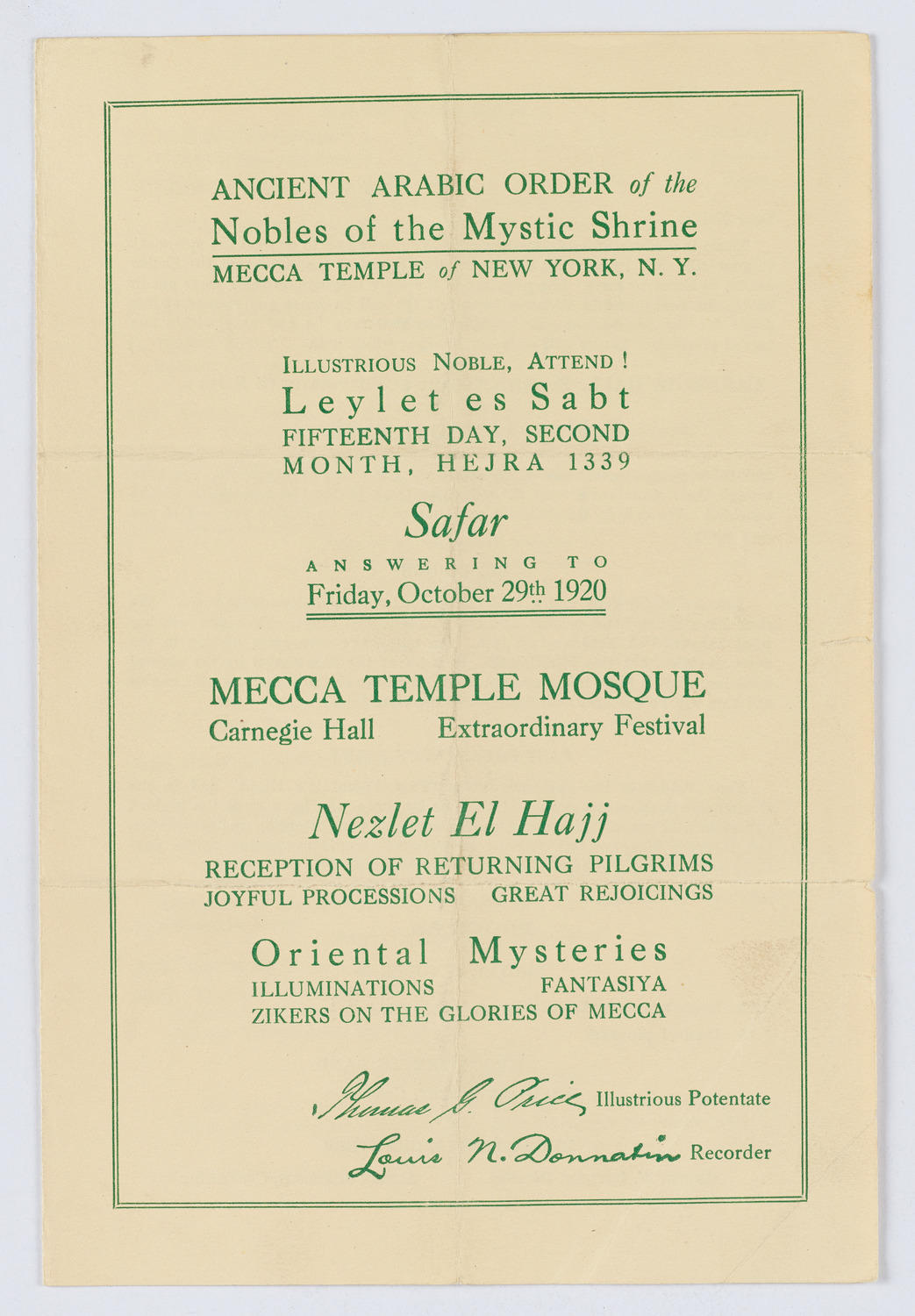 Mecca Temple of New York: Ancient Arabic Order of the Nobles of the Mystic Shrine, October 29, 1920