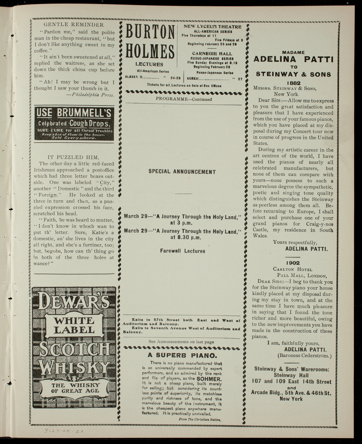Elmendorf Lecture: Yellowstone Park, March 23, 1904, program page 3