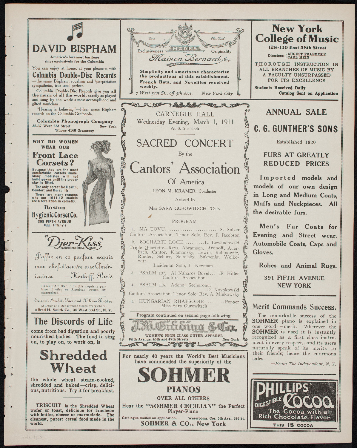 Cantors' Association of America, March 1, 1911, program page 5