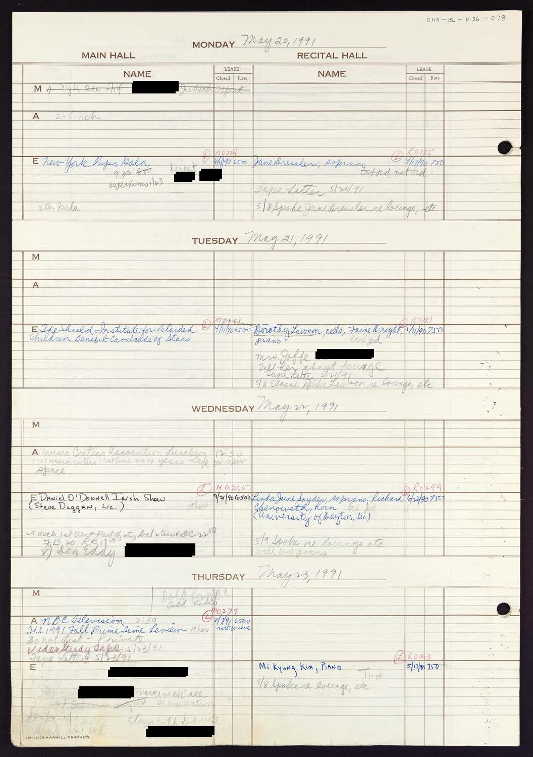 Carnegie Hall Booking Ledger, volume 36, page 78