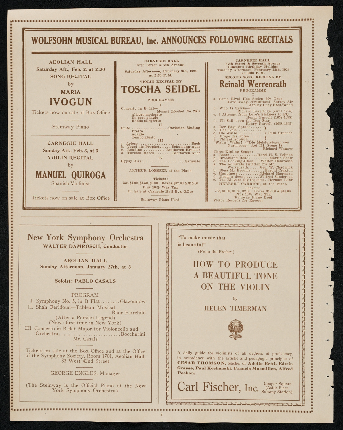 New York Symphony Orchestra: Beethoven Cycle, January 24, 1924, program page 8