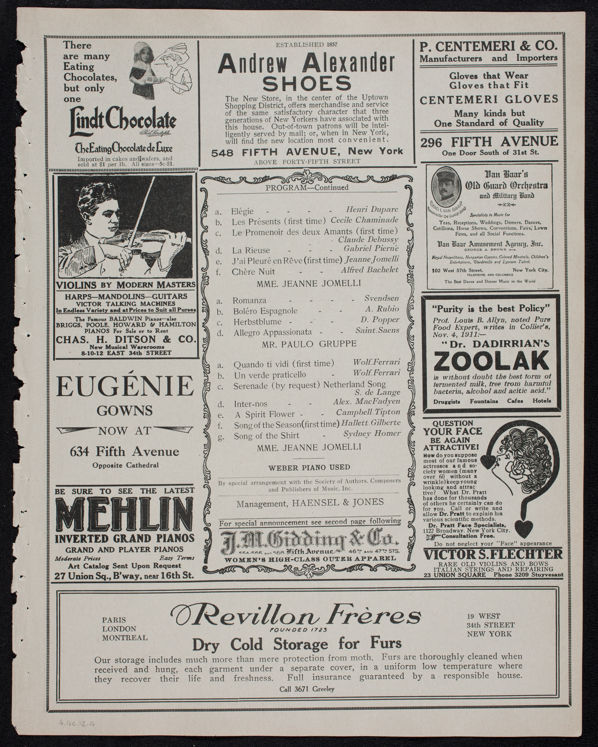 Jeanne Jomelli, Soprano, and Paolo Gruppe, Cello, April 4, 1912, program page 7