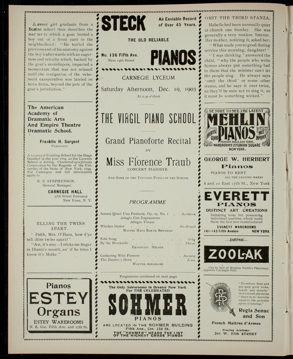 Florence Traub and Virgil Piano School Students, December 19, 1903, program page 2