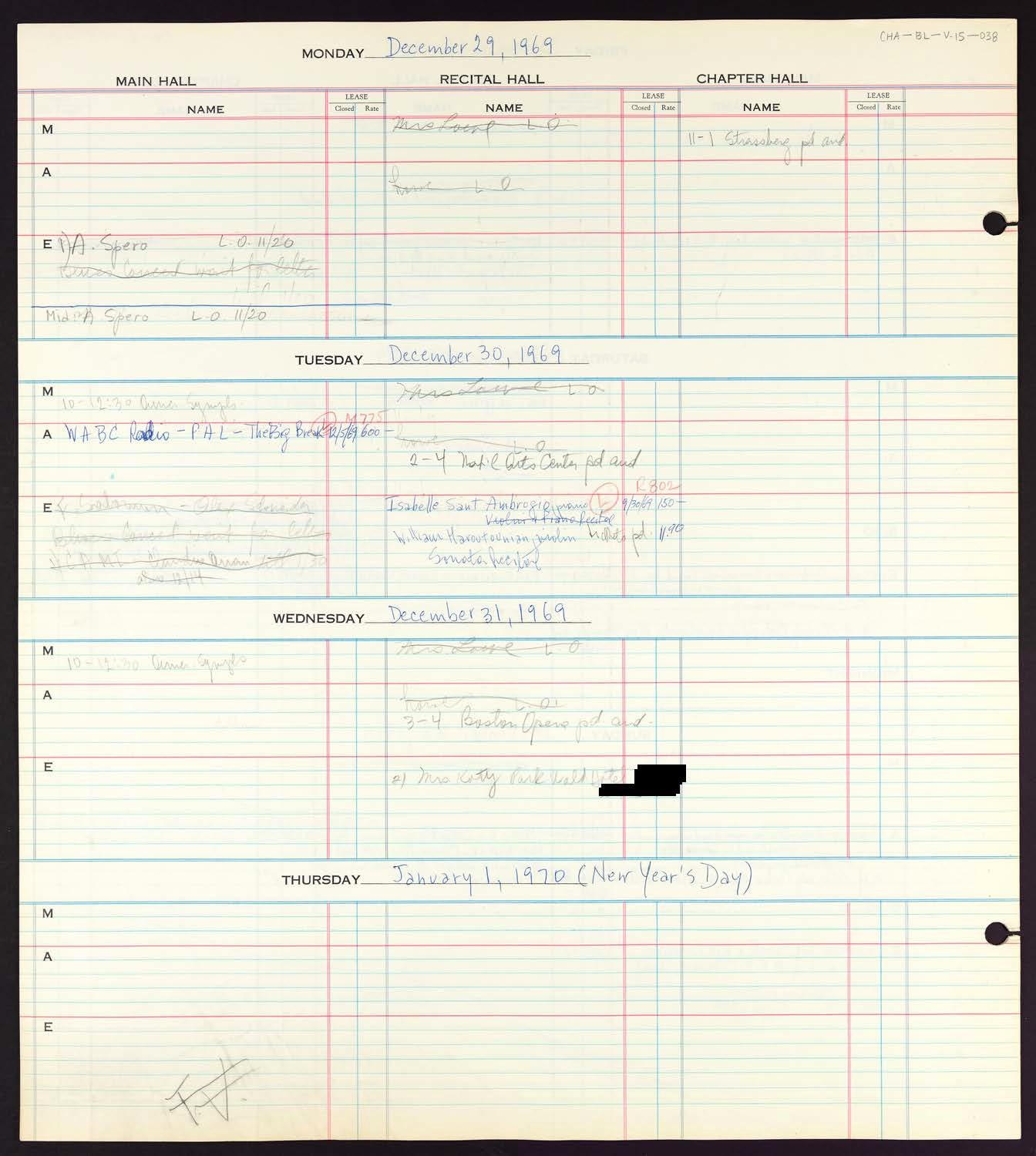 Carnegie Hall Booking Ledger, volume 15, page 38