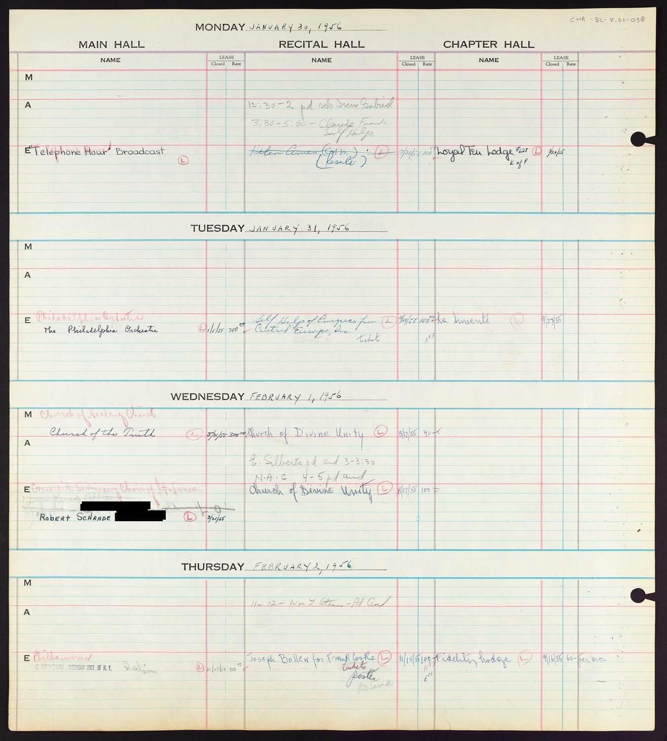 Carnegie Hall Booking Ledger, volume 1, page 38