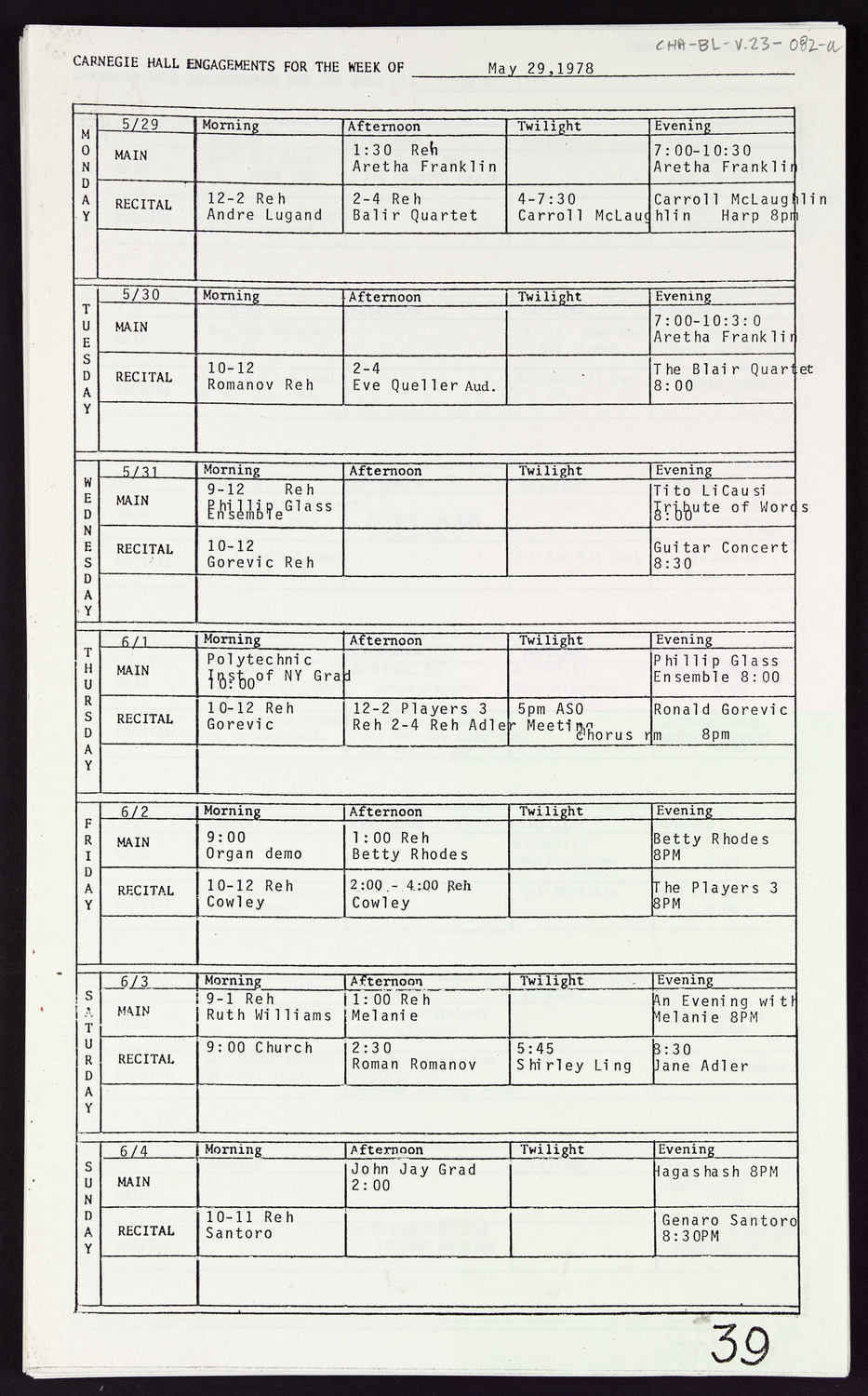 Carnegie Hall Booking Ledger, volume 23, page 82a