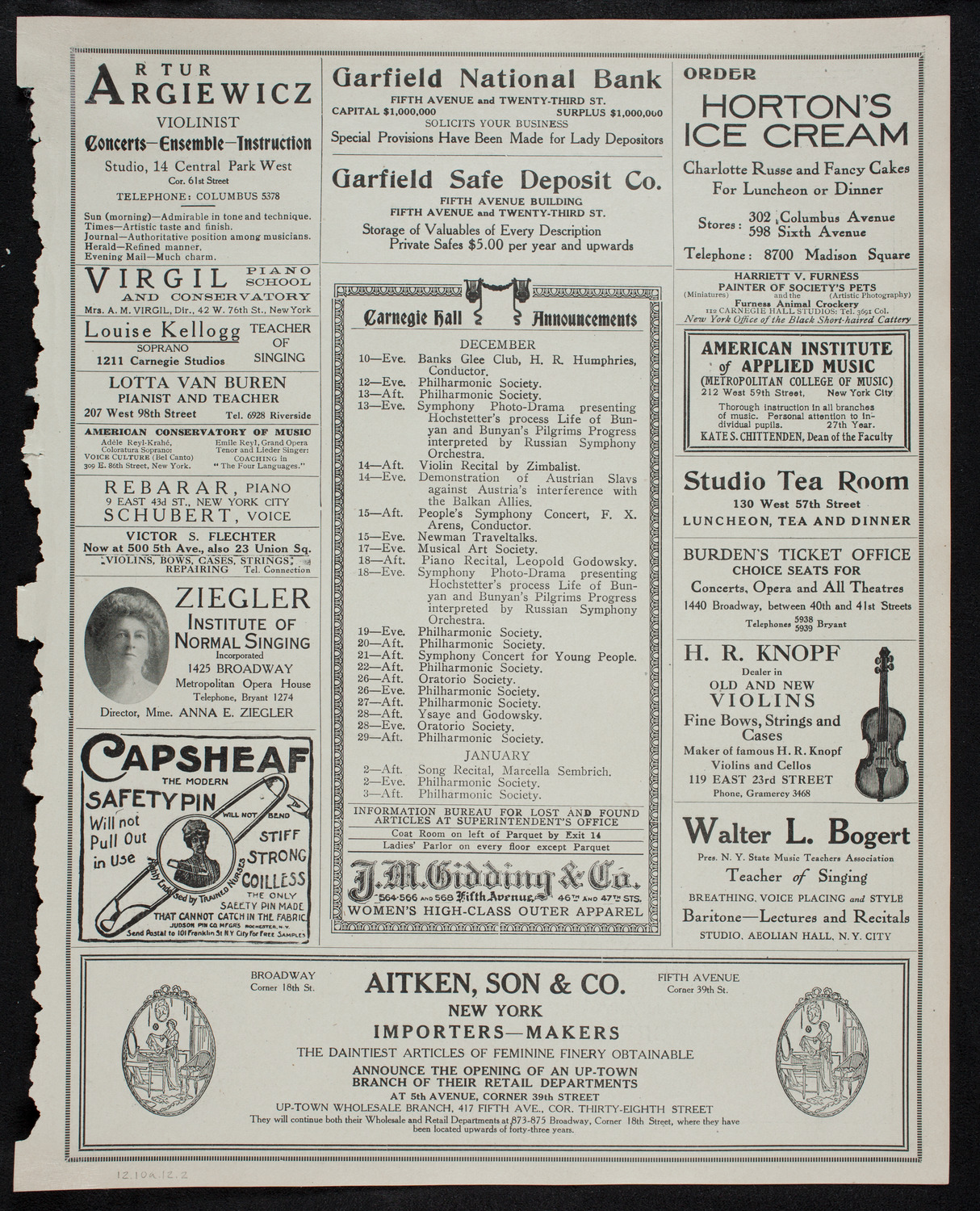 Eugène Ysaÿe, Violin, with the New York Philharmonic, December 10, 1912, program page 3