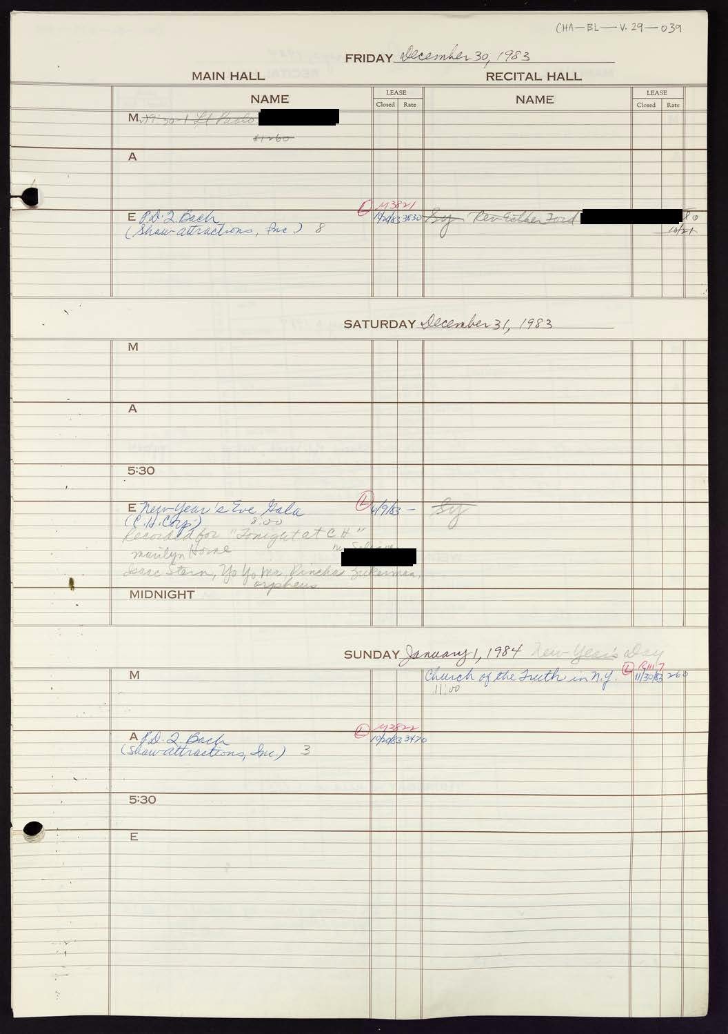 Carnegie Hall Booking Ledger, volume 29, page 39