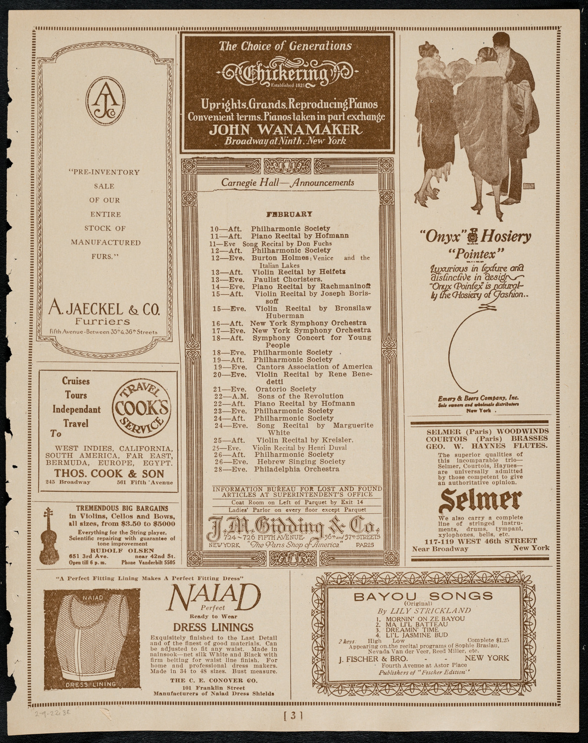 New York Philharmonic, February 9, 1922, program page 3