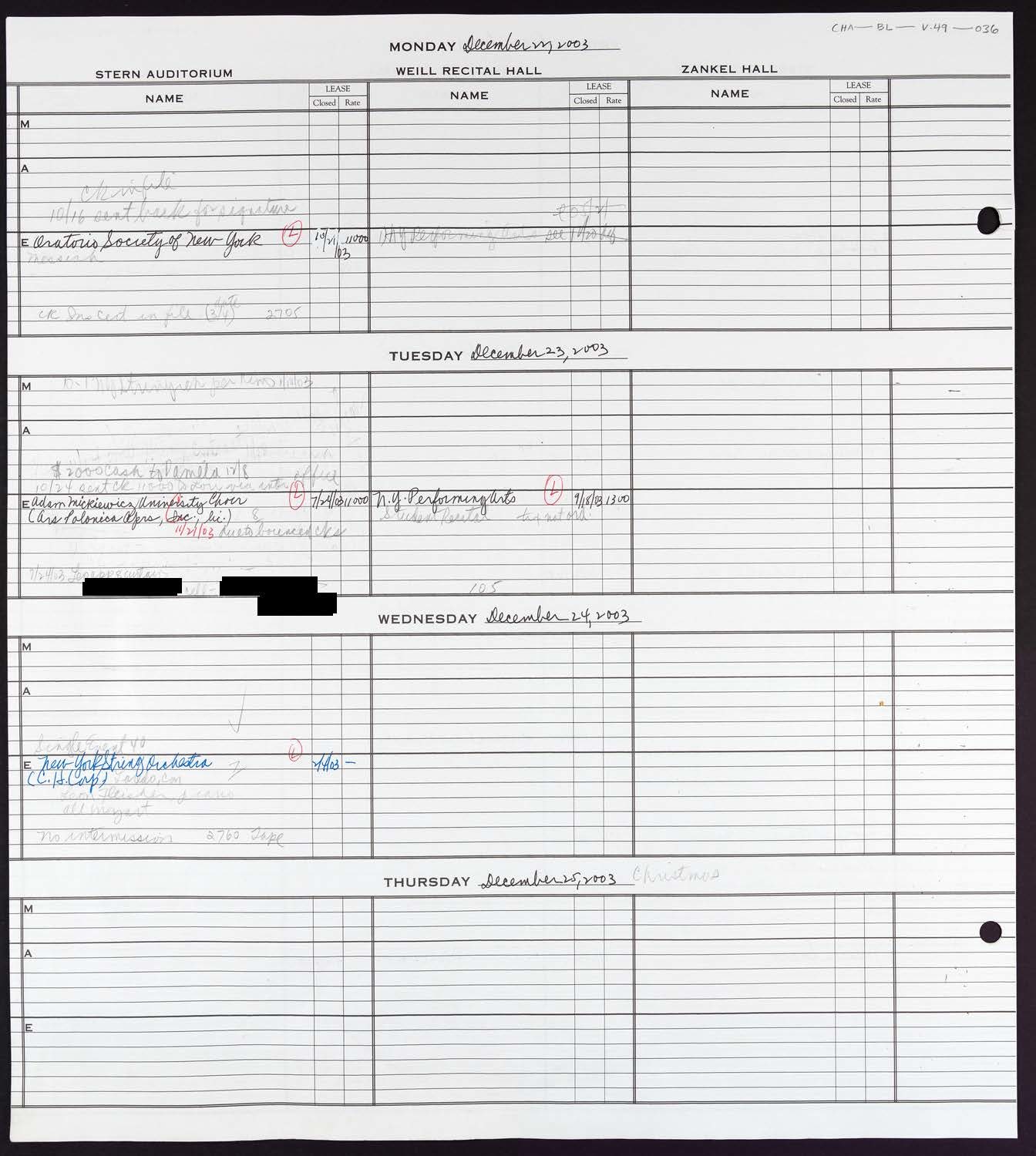 Carnegie Hall Booking Ledger, volume 49, page 36