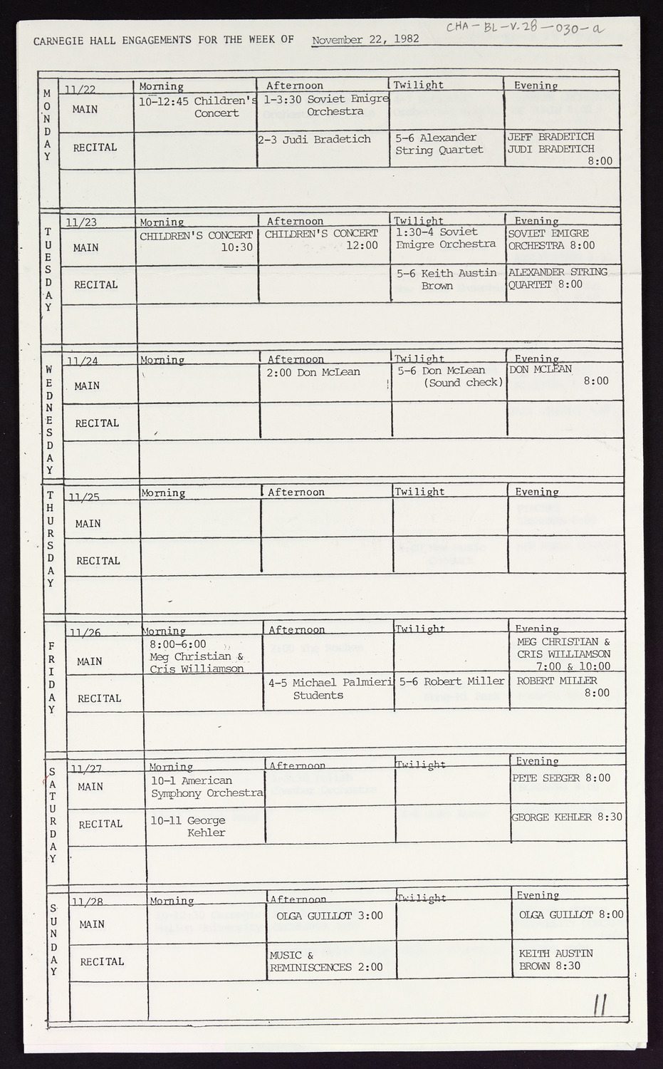 Carnegie Hall Booking Ledger, volume 28, page 30a