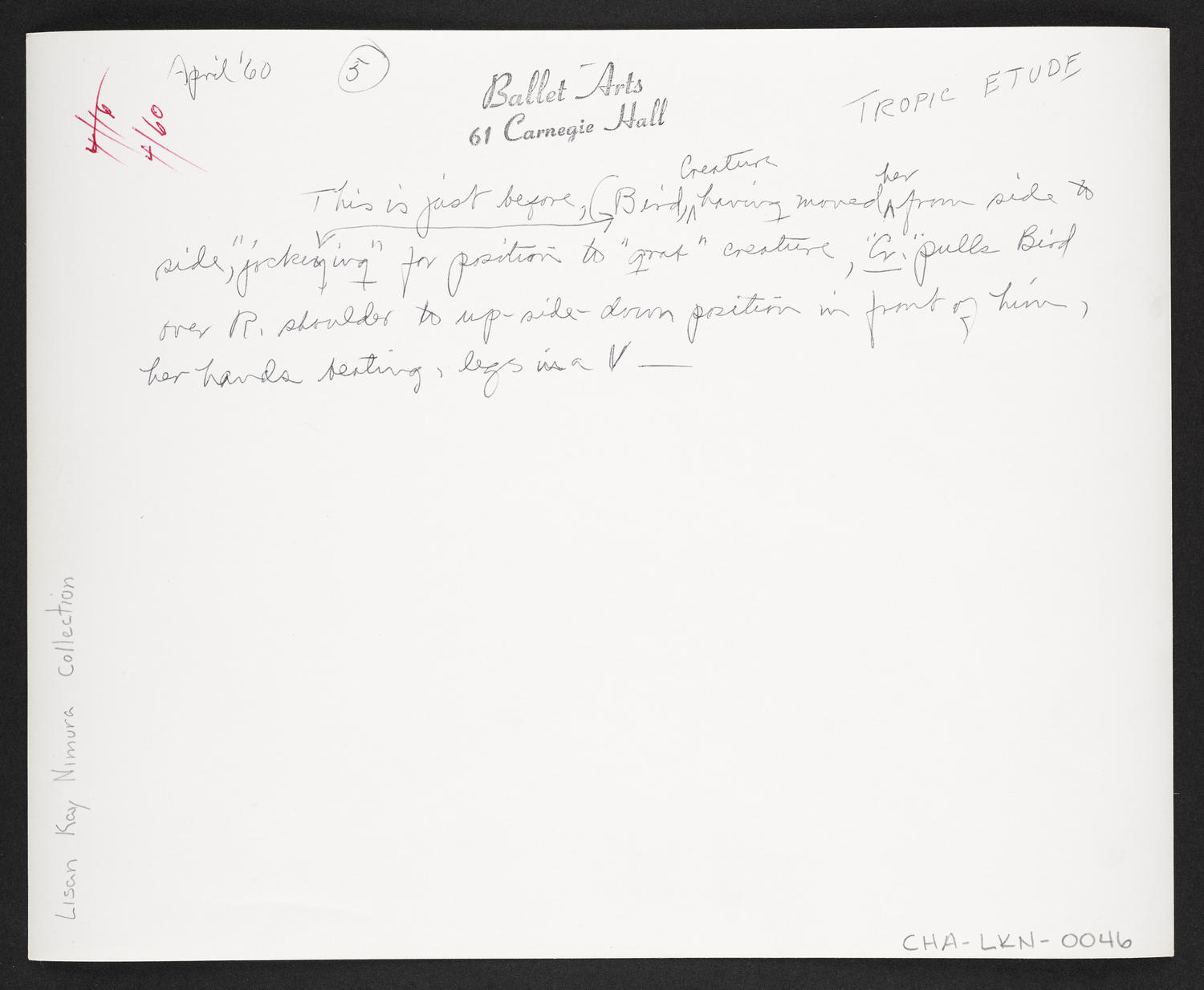 "Tropic Etude" at Ballet Arts, Carnegie Hall Studio #61, April 1960 (back)