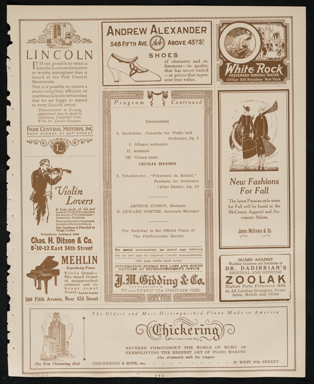 New York Philharmonic, November 7, 1924, program page 7