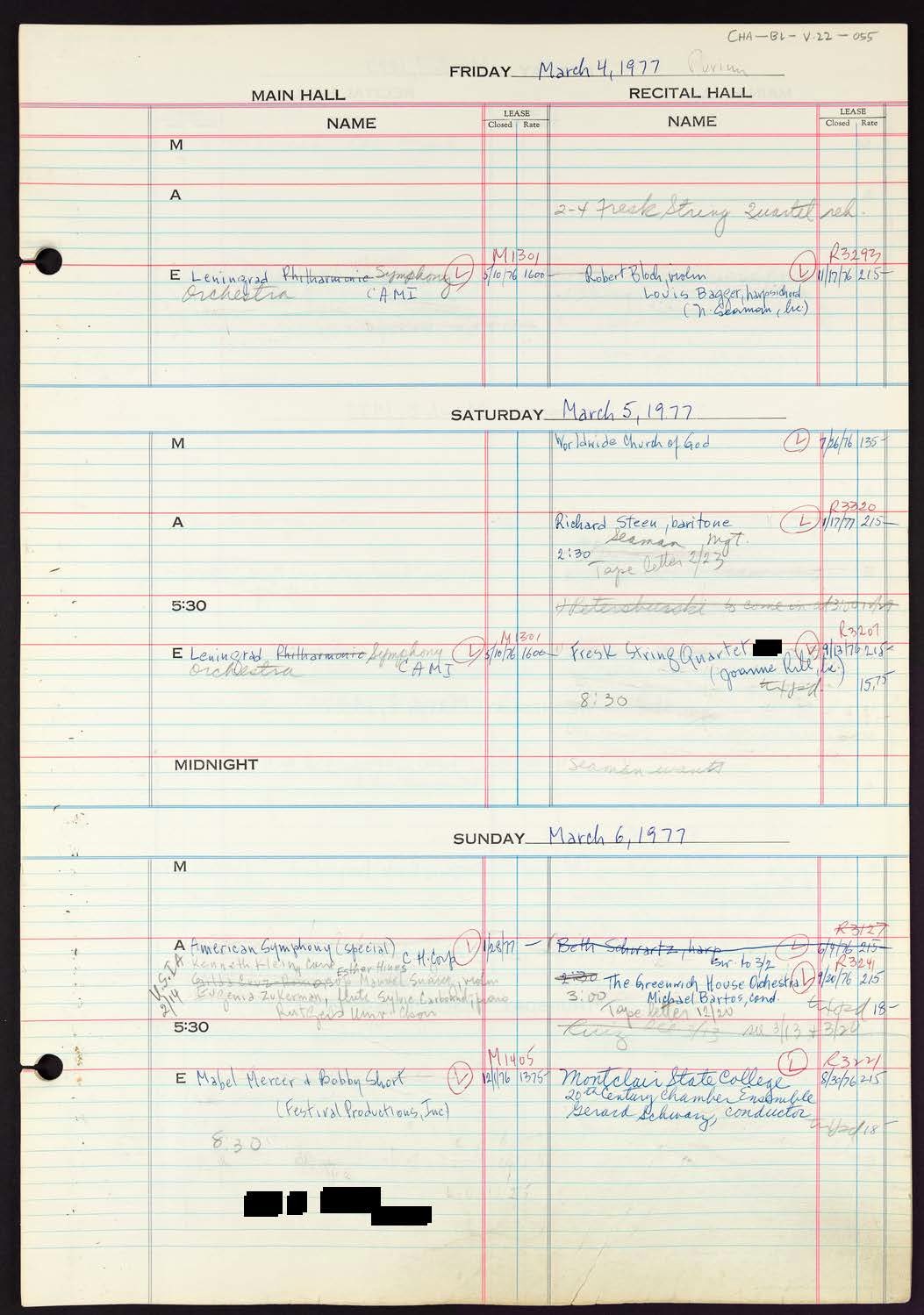 Carnegie Hall Booking Ledger, volume 22, page 55