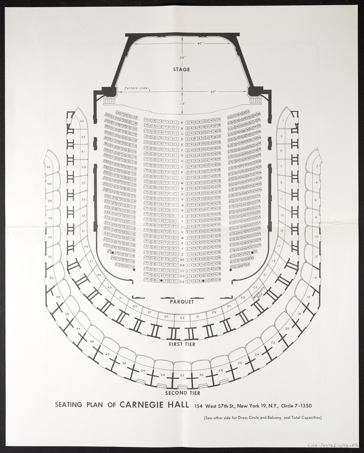 Seating plan of Main Hall (Carnegie Hall, Inc.), Parquet, First Tier, Second Tier