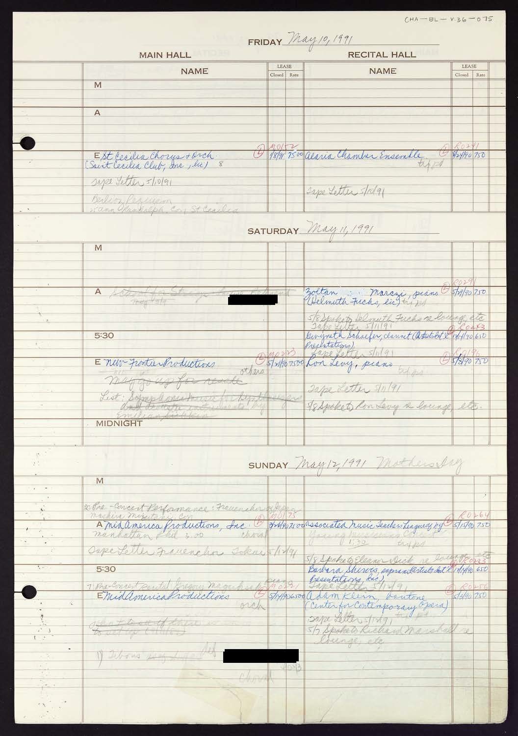 Carnegie Hall Booking Ledger, volume 36, page 75