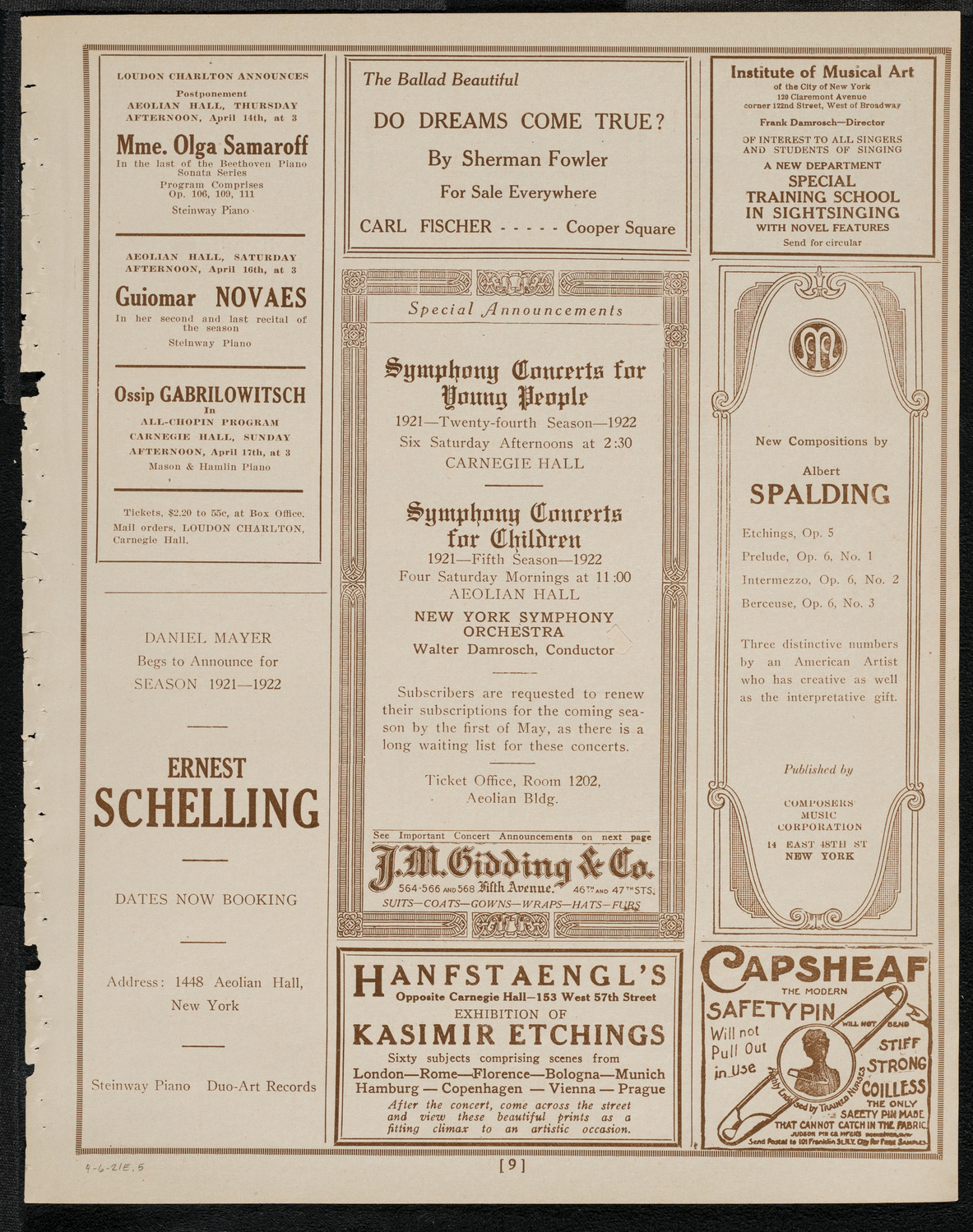 National Symphony Orchestra, April 6, 1921, program page 9