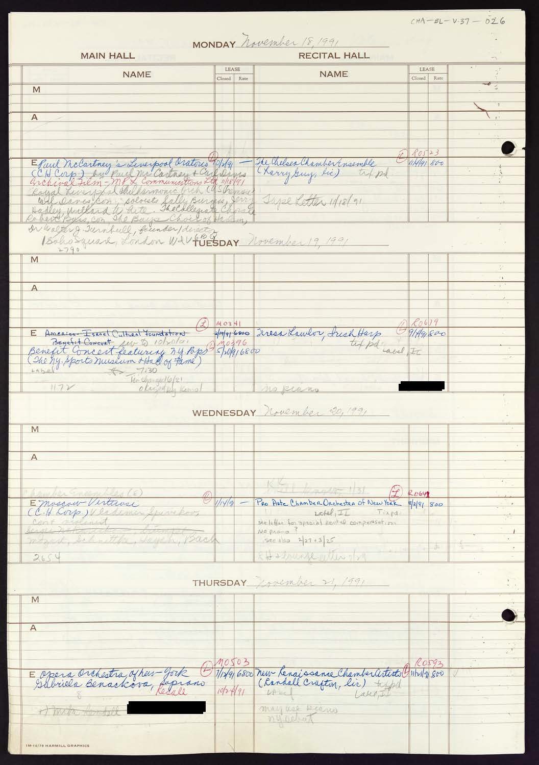 Carnegie Hall Booking Ledger, volume 37, page 26