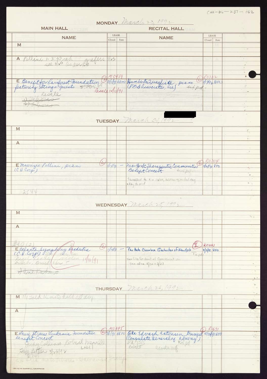 Carnegie Hall Booking Ledger, volume 37, page 62