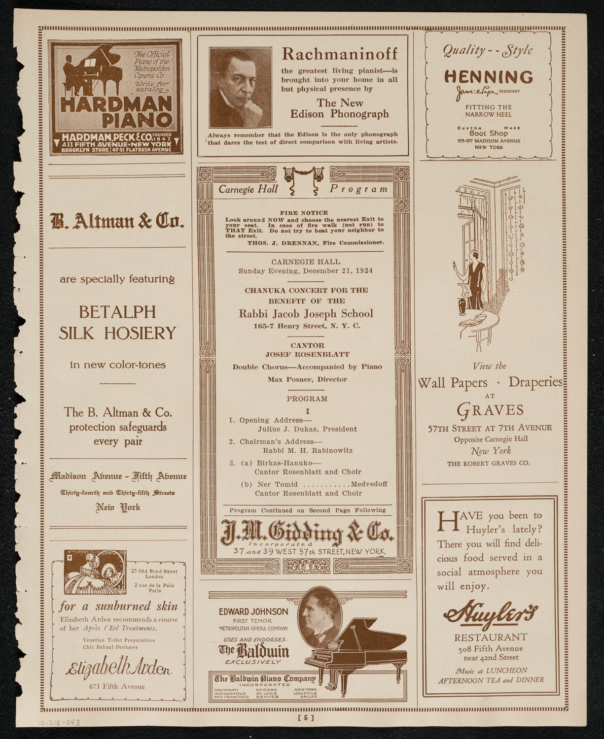 Chanuka Concert for the Benefit of the Rabbi Jacob Joseph School, December 21, 1924, program page 5