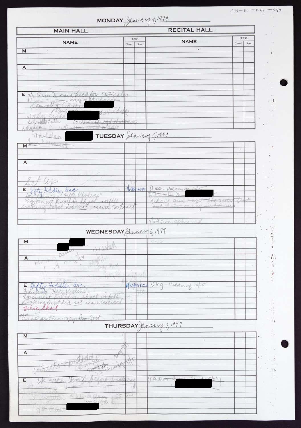 Carnegie Hall Booking Ledger, volume 44, page 40