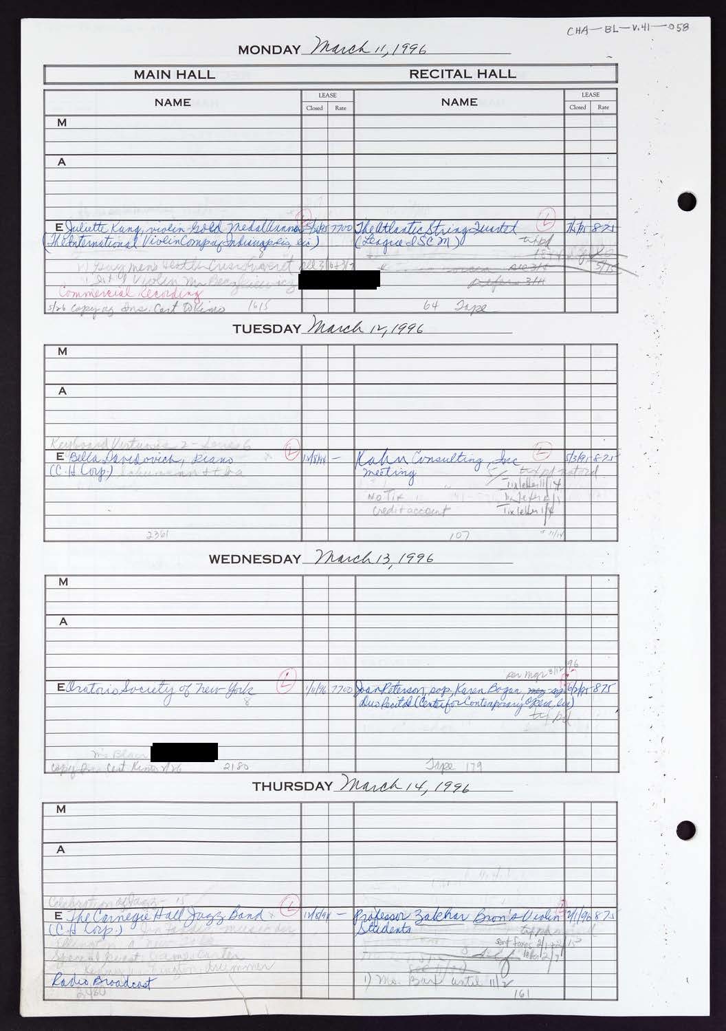 Carnegie Hall Booking Ledger, volume 41, page 58